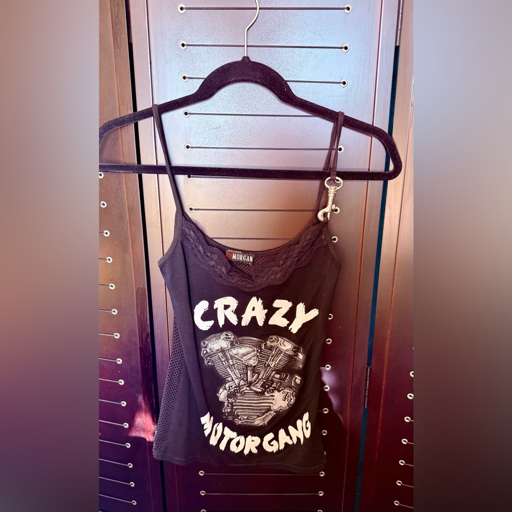 Vintage 😎 Black Graphic Lace-Trim Tank Top - "Crazy Motorgang" with fun back! 🏍️
